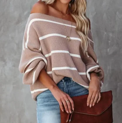 Oversized Stripe Off Shoulder Sweater - Image 3