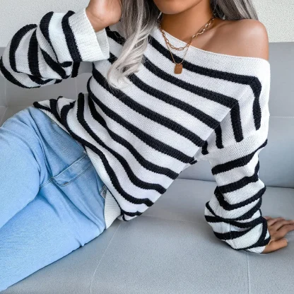 Striped Knit Off Shoulder Sweater - Image 4