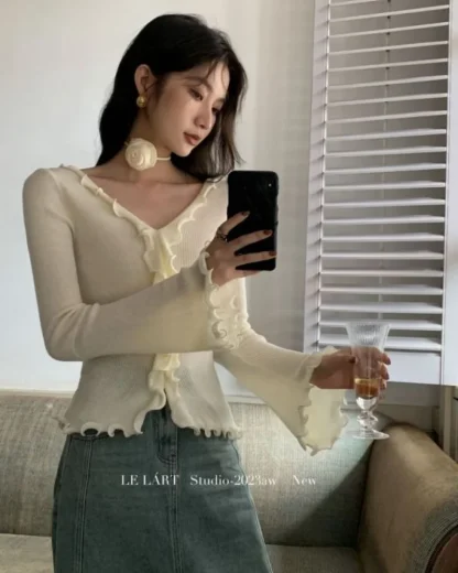 Ruffled Edge Off Shoulder Sweater - Image 2