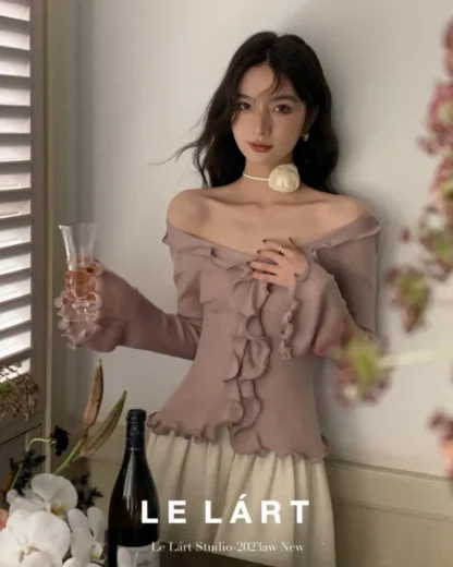 Ruffled Edge Off Shoulder Sweater