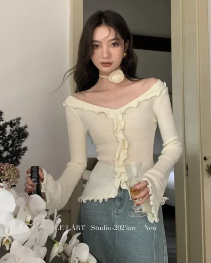 Ruffled Edge Off Shoulder Sweater - Image 4