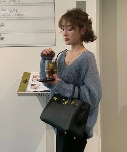 Oversized V-neck Off Shoulder Sweater - Image 5