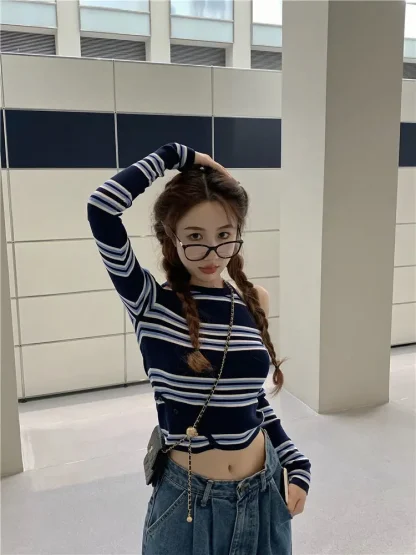 Stripe Open Shoulder Sweater Tops - Image 7