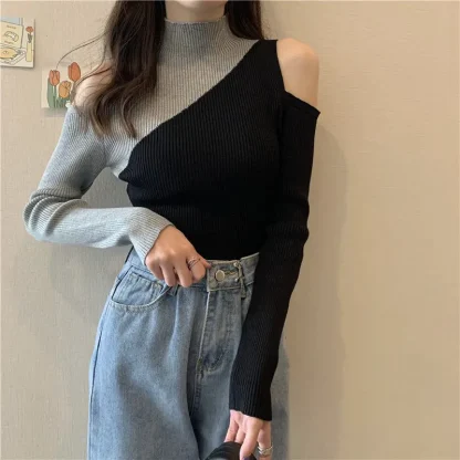 Color Block Open Shoulder Sweater - Image 6
