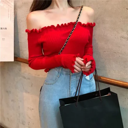 Slim Ruffled Off Shoulder Sweater - Image 7