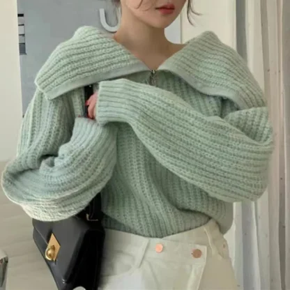 Solid Zipper Off Shoulder Sweater - Image 2