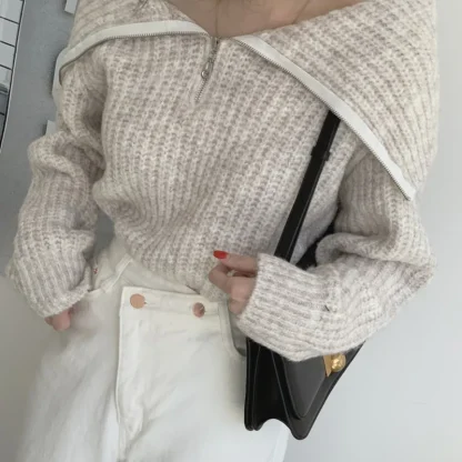 Solid Zipper Off Shoulder Sweater - Image 4