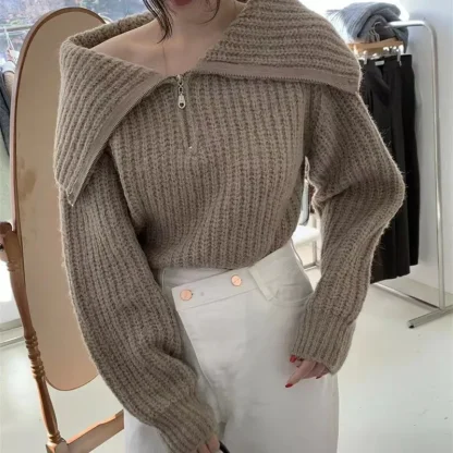 Solid Zipper Off Shoulder Sweater - Image 5