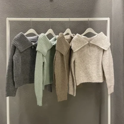 Solid Zipper Off Shoulder Sweater - Image 6