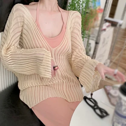 Lazy V-neck Off Shoulder Sweater - Image 3