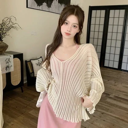 Lazy V-neck Off Shoulder Sweater - Image 4