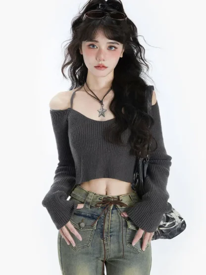 Gray Halter Off Shoulder Sweater