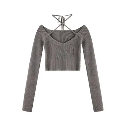 Gray Halter Off Shoulder Sweater - Image 6