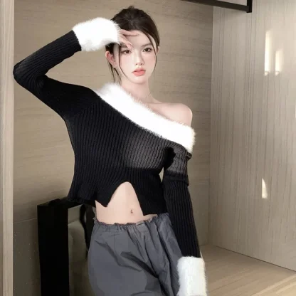 Slit Knitted Off Shoulder Sweater - Image 2