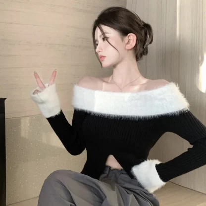 Slit Knitted Off Shoulder Sweater