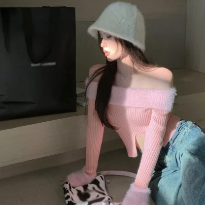 Slit Knitted Off Shoulder Sweater - Image 6