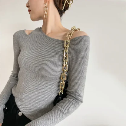 Asymmetric Off Shoulder Sweater Tops - Image 2