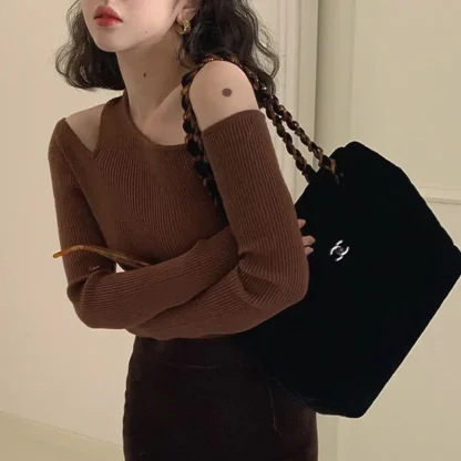 Asymmetric Off Shoulder Sweater Tops - Image 3