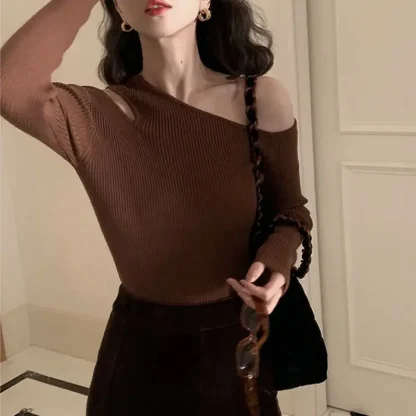Asymmetric Off Shoulder Sweater Tops - Image 4