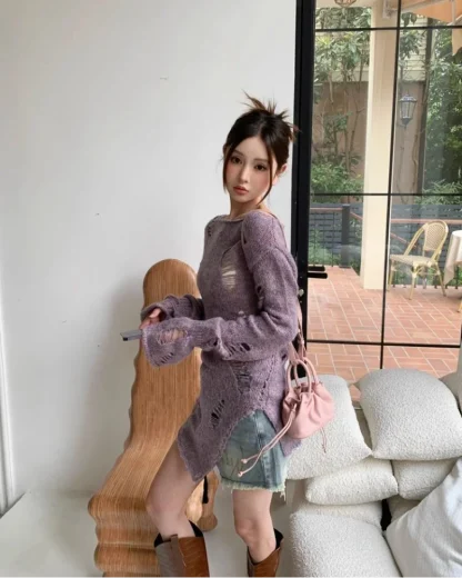 Purple Tattered Off Shoulder Sweater - Image 2