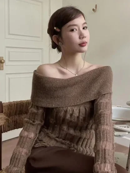 Tassel Hollow Off Shoulder Sweater - Image 2