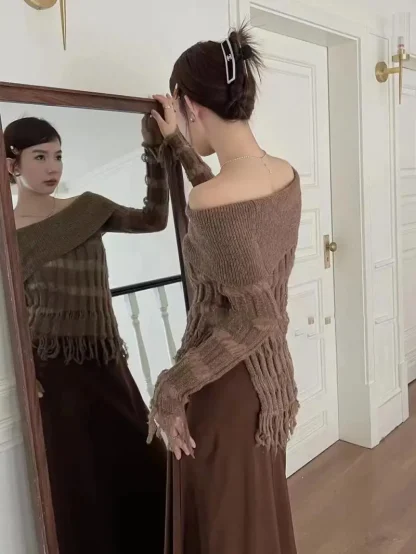 Tassel Hollow Off Shoulder Sweater - Image 3