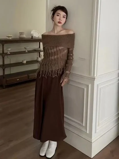 Tassel Hollow Off Shoulder Sweater - Image 4