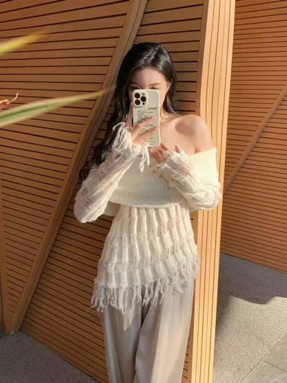 Tassel Hollow Off Shoulder Sweater - Image 5