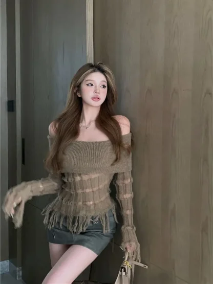 Tassel Hollow Off Shoulder Sweater