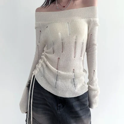 Hole Knit Off Shoulder Sweater - Image 7