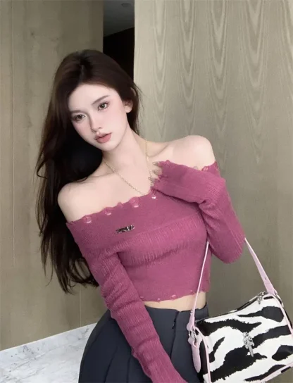 Slim Hollow Off Shoulder Sweater - Image 4