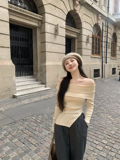 Folded Slit Off Shoulder Sweater - Image 6