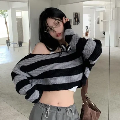 Stripe Top Off Shoulder Sweater - Image 6