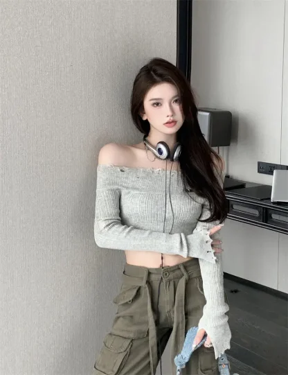 Slim Hollow Off Shoulder Sweater - Image 7