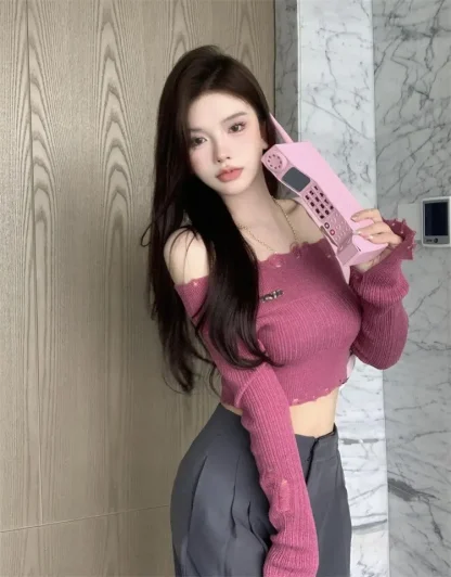 Slim Hollow Off Shoulder Sweater - Image 5