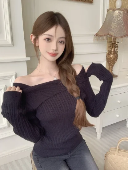 Slash Neck Off Shoulder Sweater - Image 7
