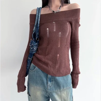 Hole Knit Off Shoulder Sweater