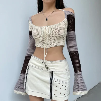 Knitted Crop Off Shoulder Sweater - Image 6