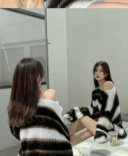 Stripe Oversize Off Shoulder Sweater - Image 7