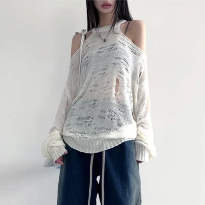 Ripped Oversize Off Shoulder Sweater - Image 3