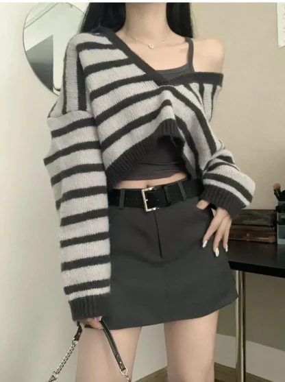 Striped Crop Off Shoulder Sweater