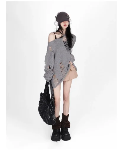 Oversized Ripped Off Shoulder Sweater - Image 6