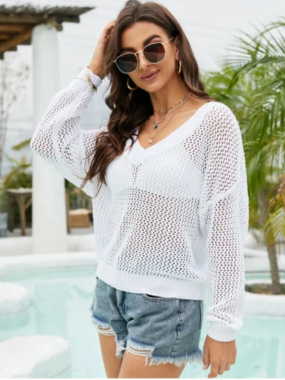 V-Neck Fishnet Off Shoulder Sweater - Image 6