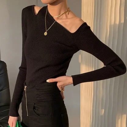 Asymmetric Off Shoulder Sweater Tops - Image 5