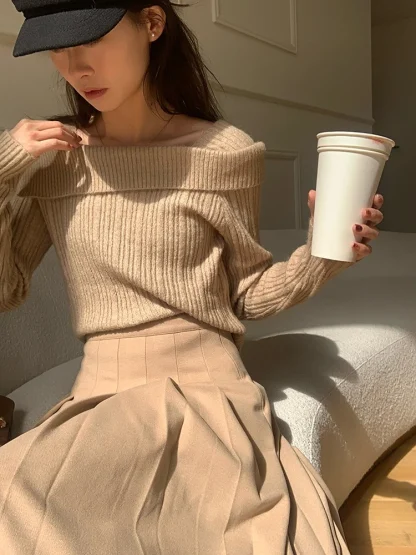 Knitted Off Shoulder Sweater Tops - Image 6