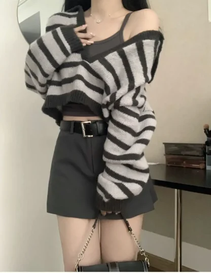 Striped Crop Off Shoulder Sweater - Image 7
