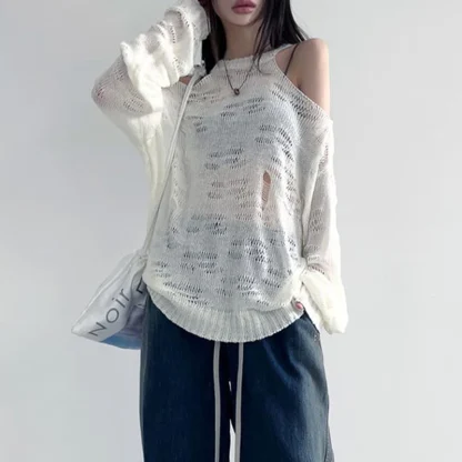 Ripped Oversize Off Shoulder Sweater - Image 2