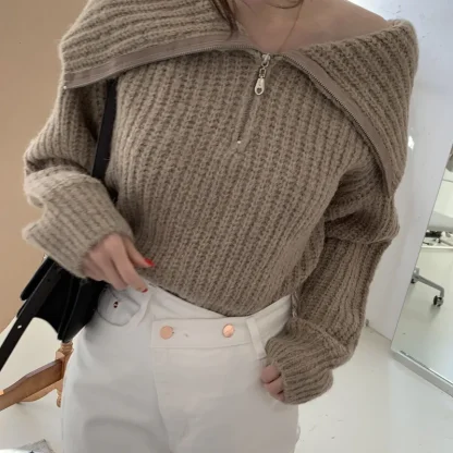 Solid Zipper Off Shoulder Sweater - Image 7