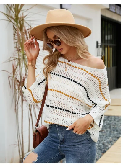 Stripe Hollow Off Shoulder Sweater - Image 7