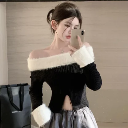 Slit Knitted Off Shoulder Sweater - Image 7